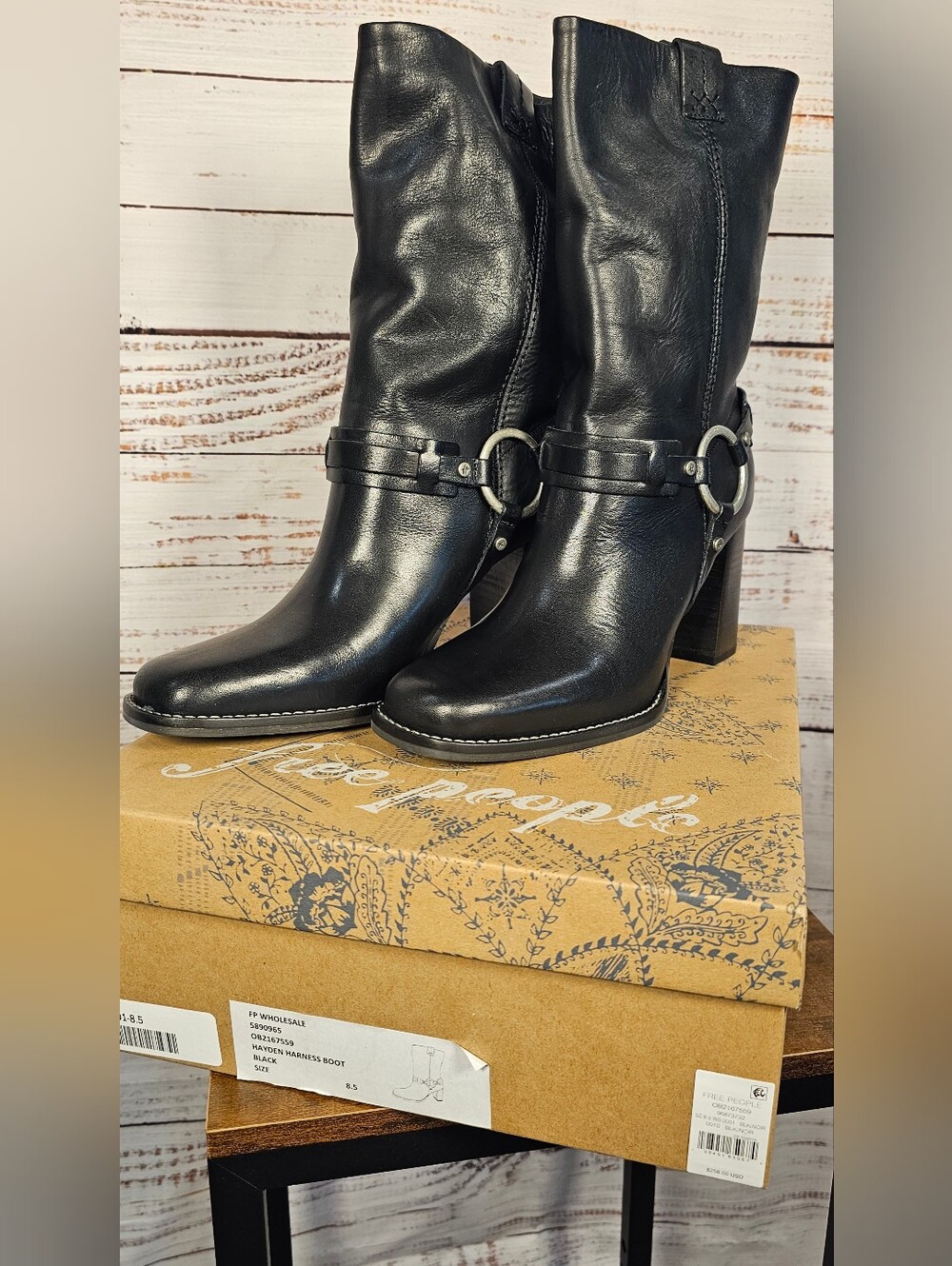 Free People Hayden Harness Leather Heeled Boots Size 8.5 Black Mid Calf NIB - Picture 8 of 8